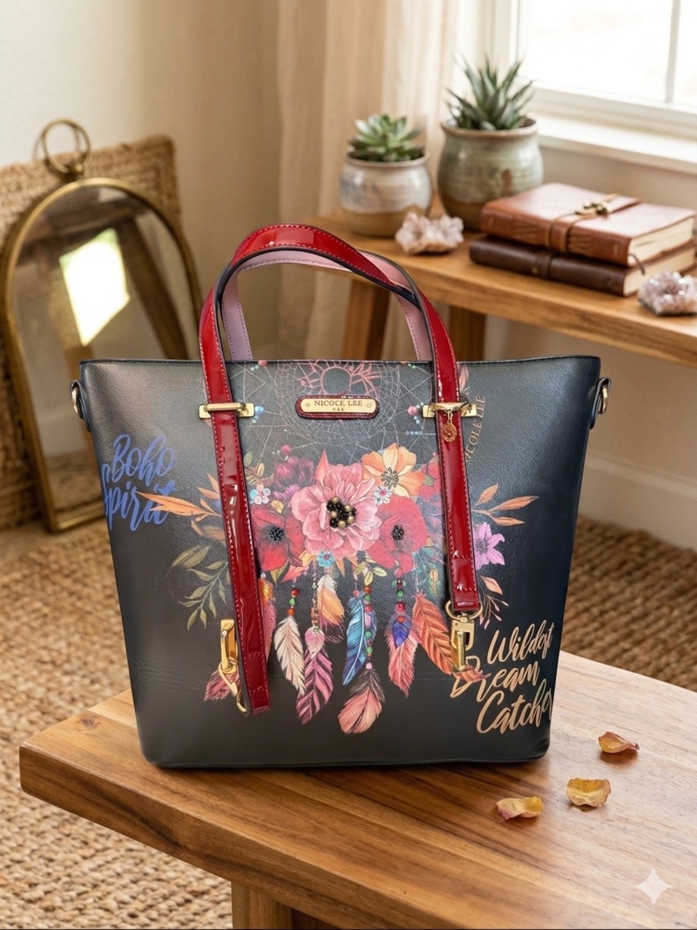 Nicole Lee Black Tote with Red Patent Handles and BOHO Floral Dreamcatcher. NEW